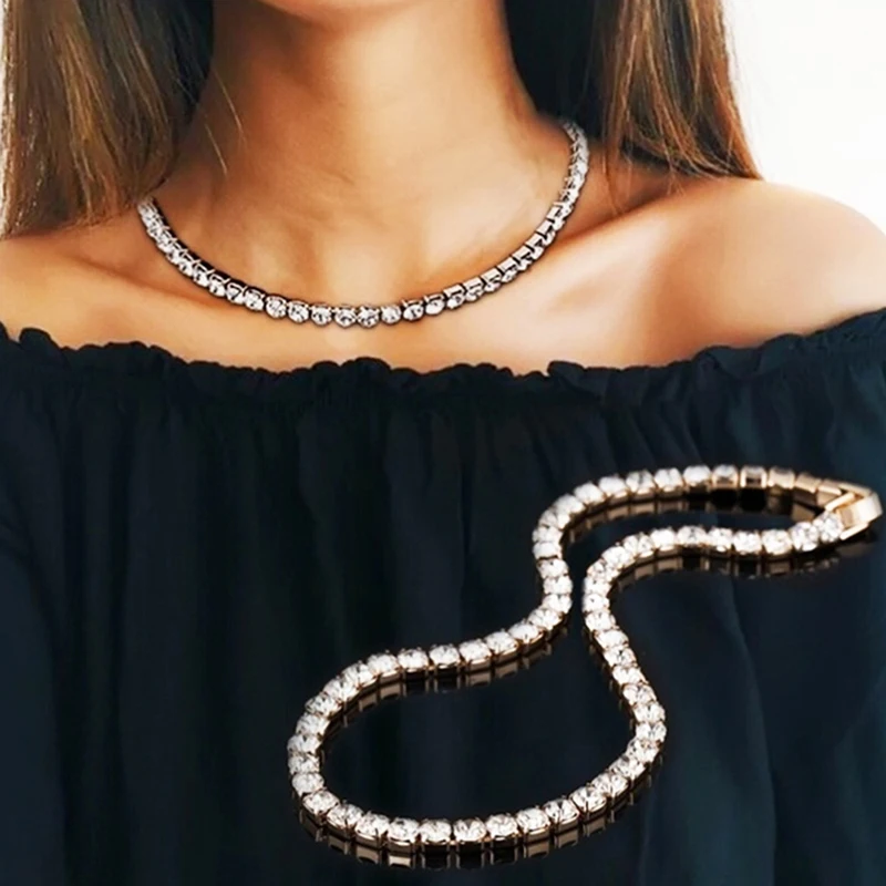 1 ряд стразы колье блестящая Цепочка с кристаллами роскошные ювелирные изделия