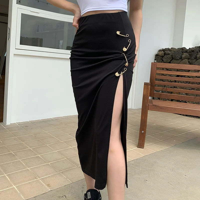

Kywommnz 2021 Summer Women Half-length Skirt High Waist Split Hip Wrap Over The Knee Skirt Solid Color Slim E3050