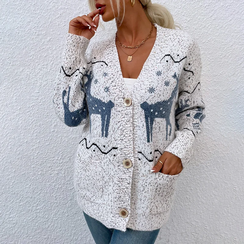 

Fashion Women's Sweater Autumn Casual Hot Sale V-neck Single-breasted Pocket Christmas Deer Cardigan Knitted Sweater
