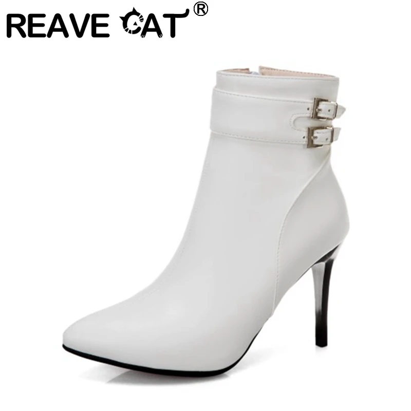 

REAVE CAT 2021 Sexy Ankle Boots Belt Buckle Zip Lace Up Pointed Toe Thin Heel Short Plush US19 Red Blue Black Yellow White A4513