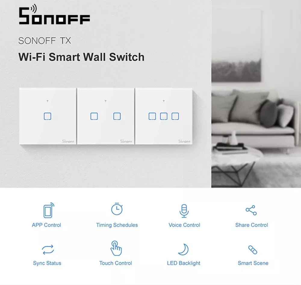 SONOFF T0 EU/US/UK 1/2/3 Gang TX Series Smart Touch WIFI Wall Switch Light For Home Work With Alexa Google | Электроника