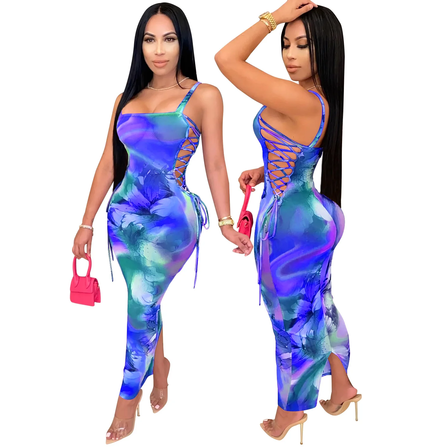 Zoctuo Tie Dye Print Maxi Long Dress Sexy Women Mesh See Though Club Spaghetti Strap Lace Up Side Bodycon | Женская одежда