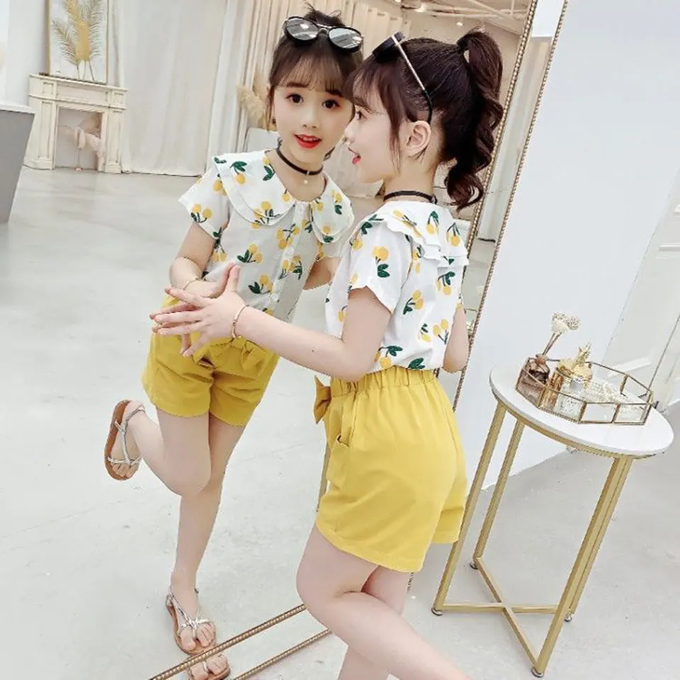 

New Arrival Summer Children Clothing Girls Costume Outfits Casual Cotton Girls Suit 2 Colors For 3-12 Yrs Girls Clothing Sets