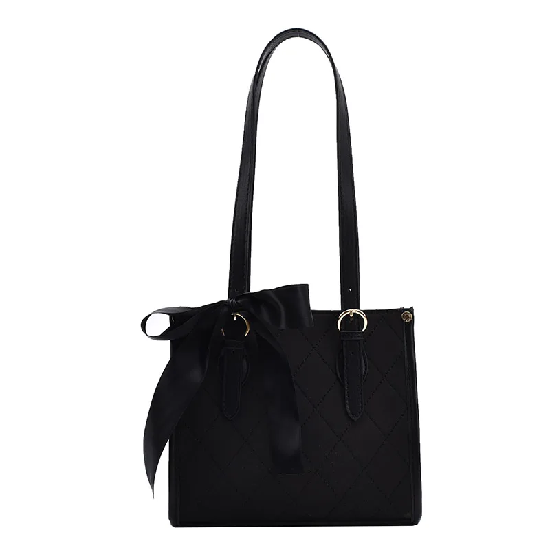 

Black Ribbon Designer PU Leather Shoulder Bags For Women 2021 Winter Fashion Hand Bag Lady Luxury Small Handbags and Purses