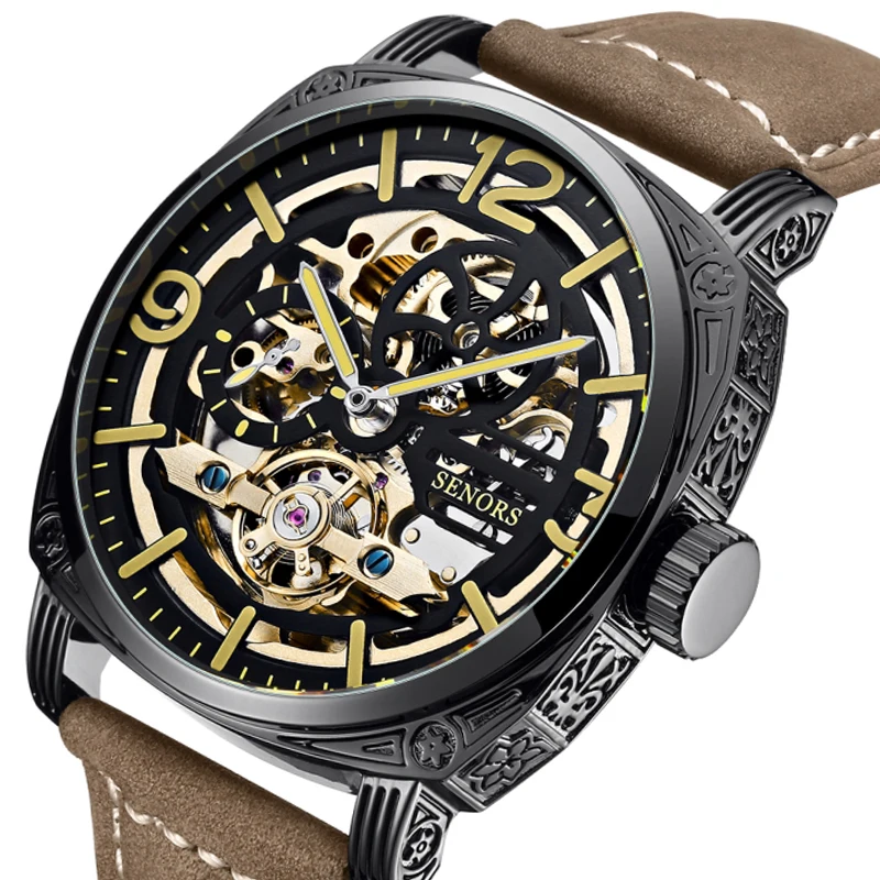 Luxury Men Automatic Mechanical Watch Black Men's Watches Skeleton Self Winding Roman Numbers Analog Leather Wrist Clock