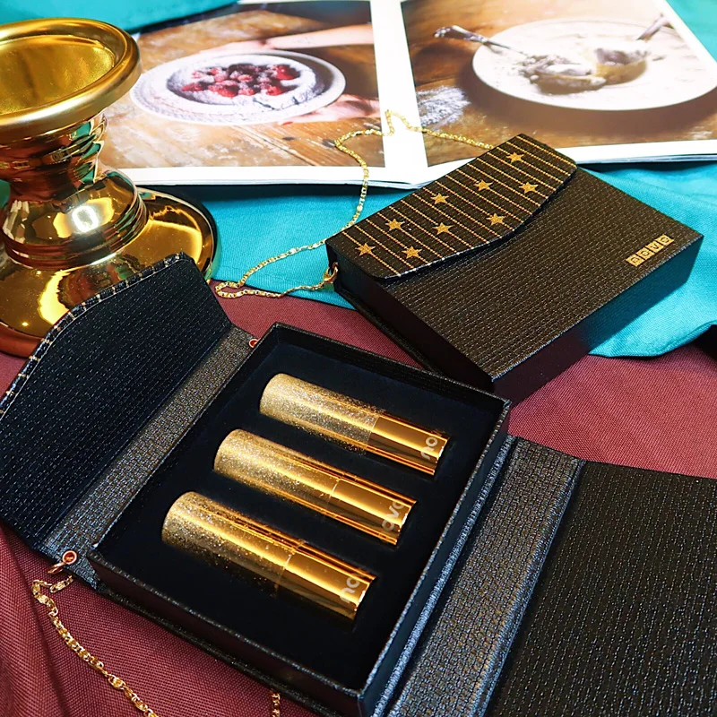 3PCS/SET Makeup Matte Glitter Lipstick Set Long-lasting Tint Lip Cosmetic Sexy Red Maquiagem Batom With Gift Box |