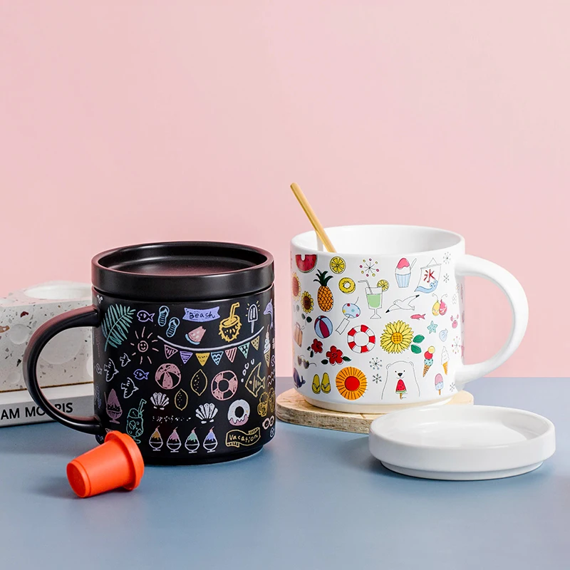 

Ceramic Mugs Ins Popular Large Capacity 430ML Coffee Cups With Handgrip Lid European Style Friend Gifts Cartoon Graffiti Printed