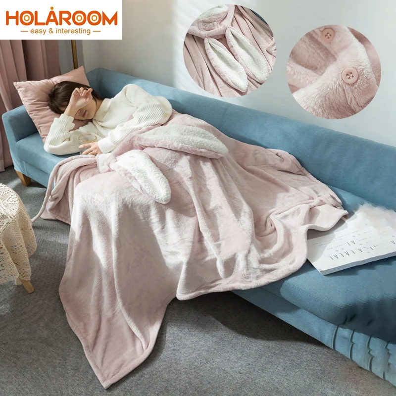 Носимый плащ Holaroom фланелевое одеяло с капюшоном милое ушками кролика накидка для