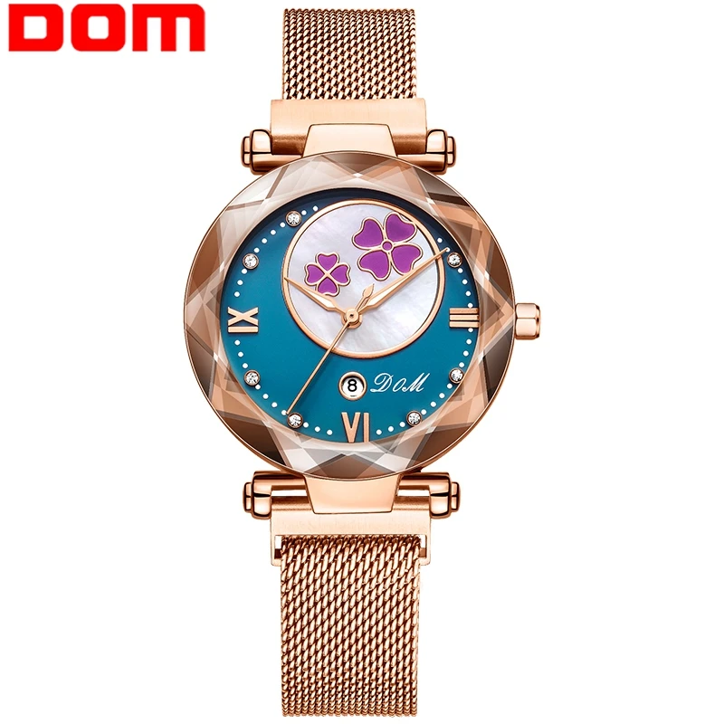 

Часы DOM женские кварцевые с магнитной застежкой, люксовые наручные, с сетчатым ремешком, цвет розовое золото