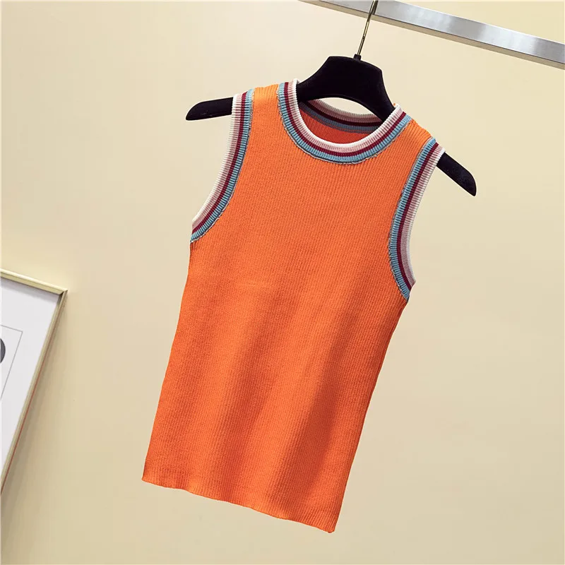 women Striped Color collision knitted vest female lady Girls suspenders waistcoats thin summer ice silk sleeveless Tank Tops
