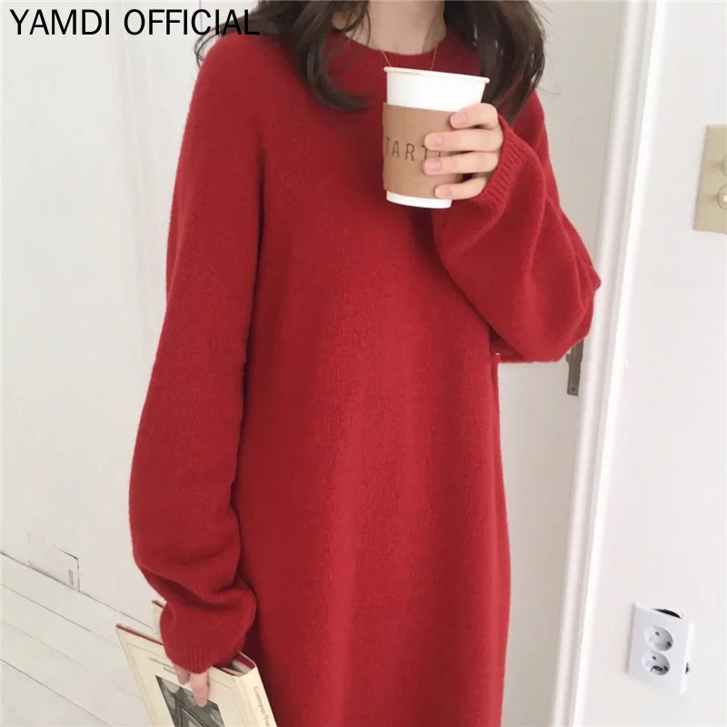 YAMDI однотонное красное женское платье-свитер дизайнерское корейское подиумное