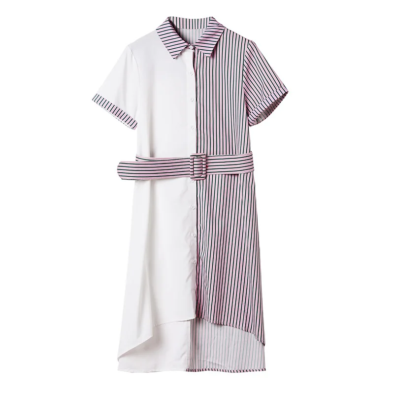 

Dress women's summer new temperament personality stripe stitching front short back long irregular waist thin shirt skirt
