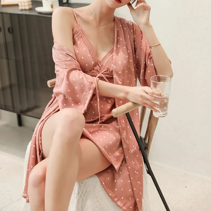 

Silky Sleepwear Women 2PCS Robe Set Satin Print Flower Kimono Bathrobe Gown Soft Intimate Lingerie Casual Lounge Wear Homewear