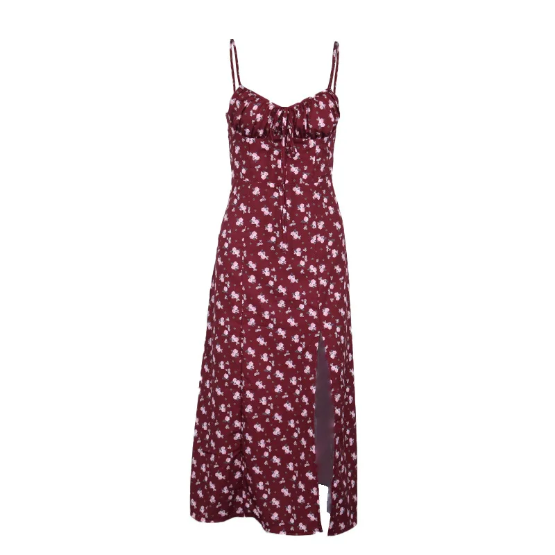 

Autumn Dress Sexy Fashion Broken Flower Skirt Shoulder Straps Fold System Split Slip Dress