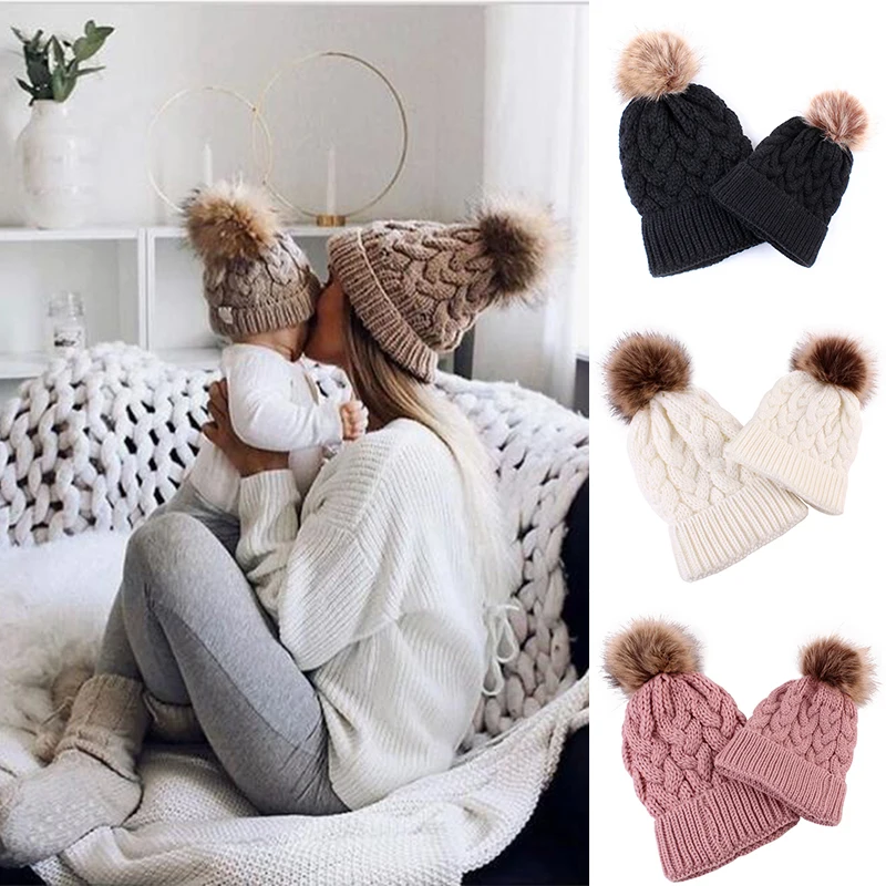 

Korean Winter Beanies Hats For Baby Or Mom Wool Knitted Warm Thicken Caps Parent-Child Fashion Luxury Raccoon Fur Caps
