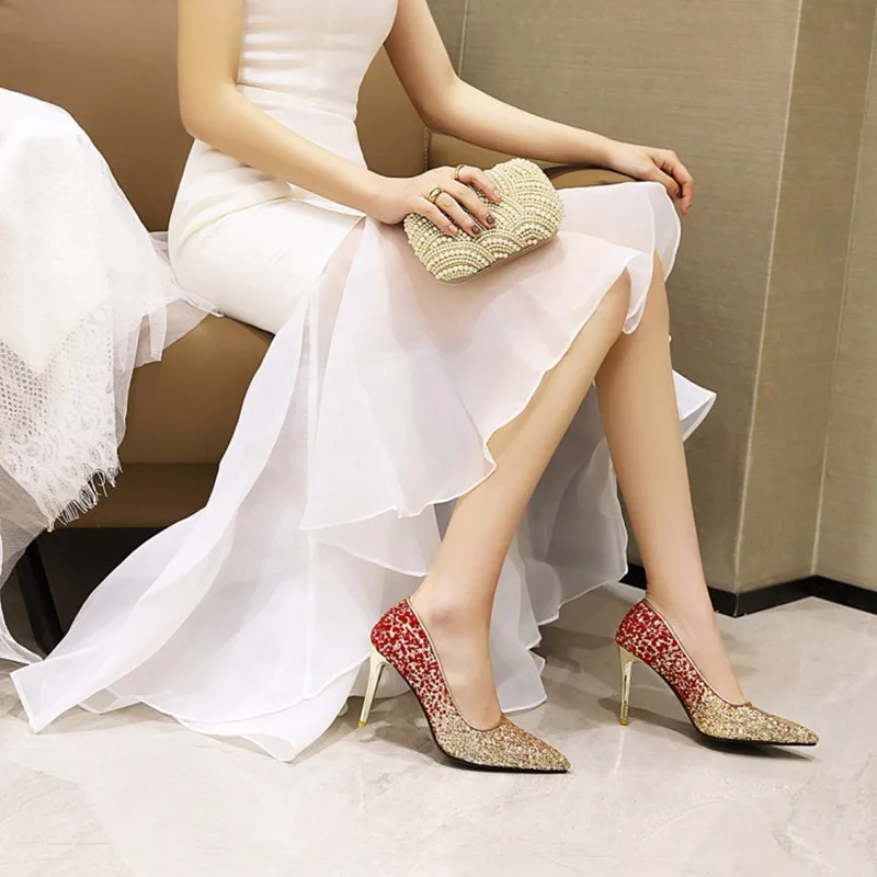 

Ochanmeb Sexy Thin High Heeled Stiletto Pumps Shoes Ladies Oversized 43 Pointed Toe Glitter Bling Bling Wedding Party Bride Shoe