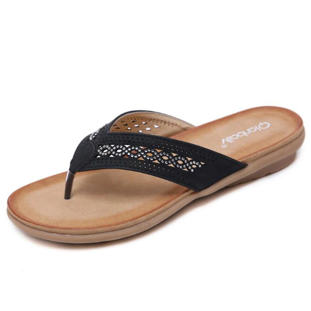 

Женские пляжные шлепанцы для отдыха, богемные сандалии с бриллиантами на плоской подошве, с вырезами, летние Тапочки