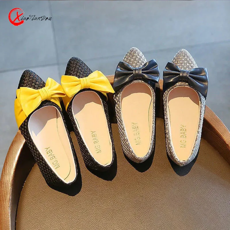 

Girls' Single Shoes Spring 2021 New Pointed Toed Korean Bow Princess Foreign Style Banquet Dancing shoe performance Girls Flats