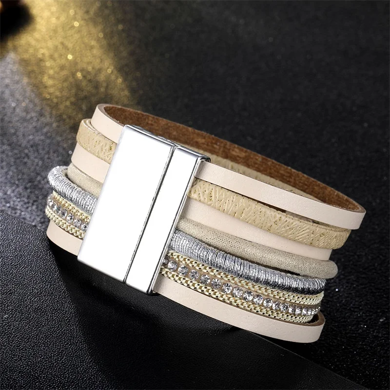 Многослойный кожаный браслет в стиле бохо Плетеный Браслет-манжета Кристальные