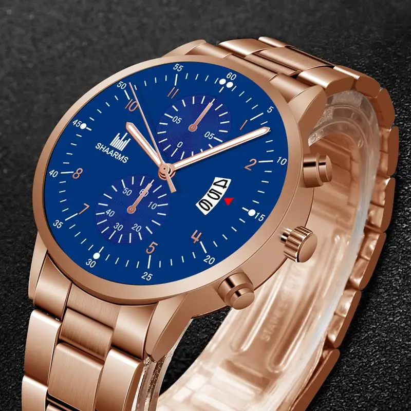 SHAARMS Позолоченные Роскошные часы из нержавеющей стали ремешок Мужские кварцевые