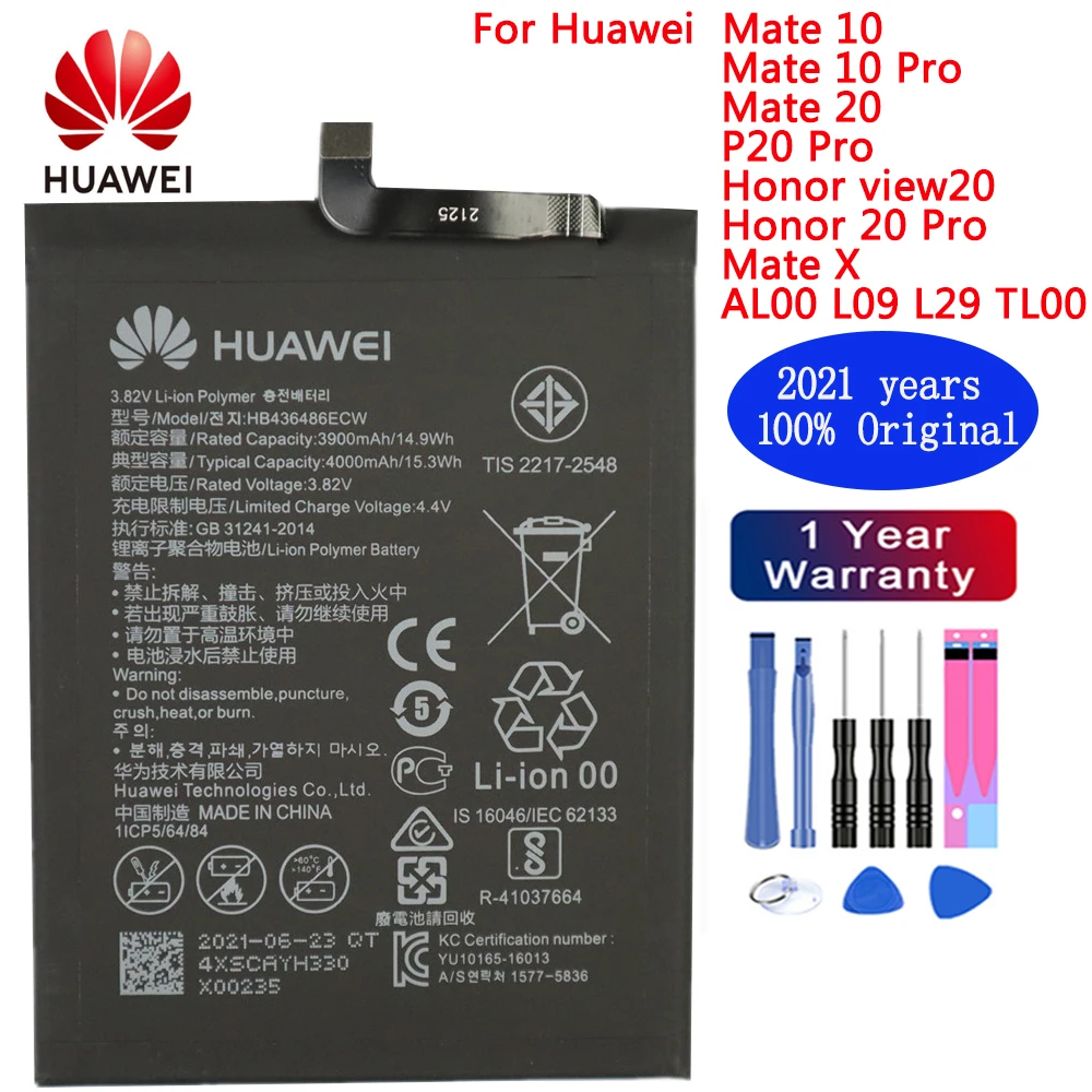 

100% Original Replacement Phone Battery HB436486ECW 3900mAh for Huawei Mate 10 / Mate 10 Pro / P20 Pro Batteries with Free Tools