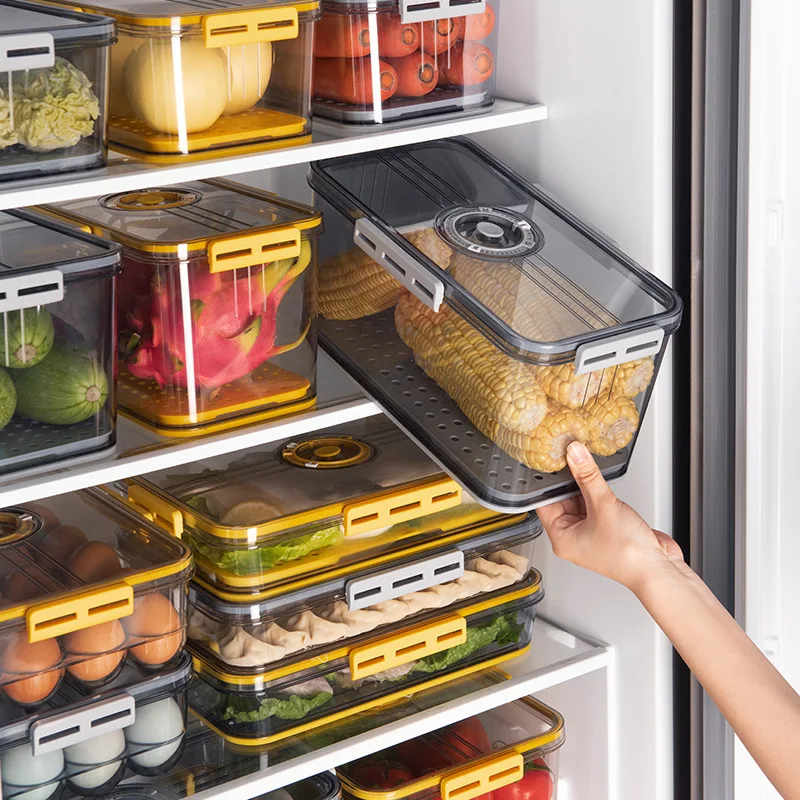 

PET Refrigerator Food Storage Box Timekeeping With Lid Kitchen Separate Freezer For Vegetable Fruit Meat Fresh Box Organizer