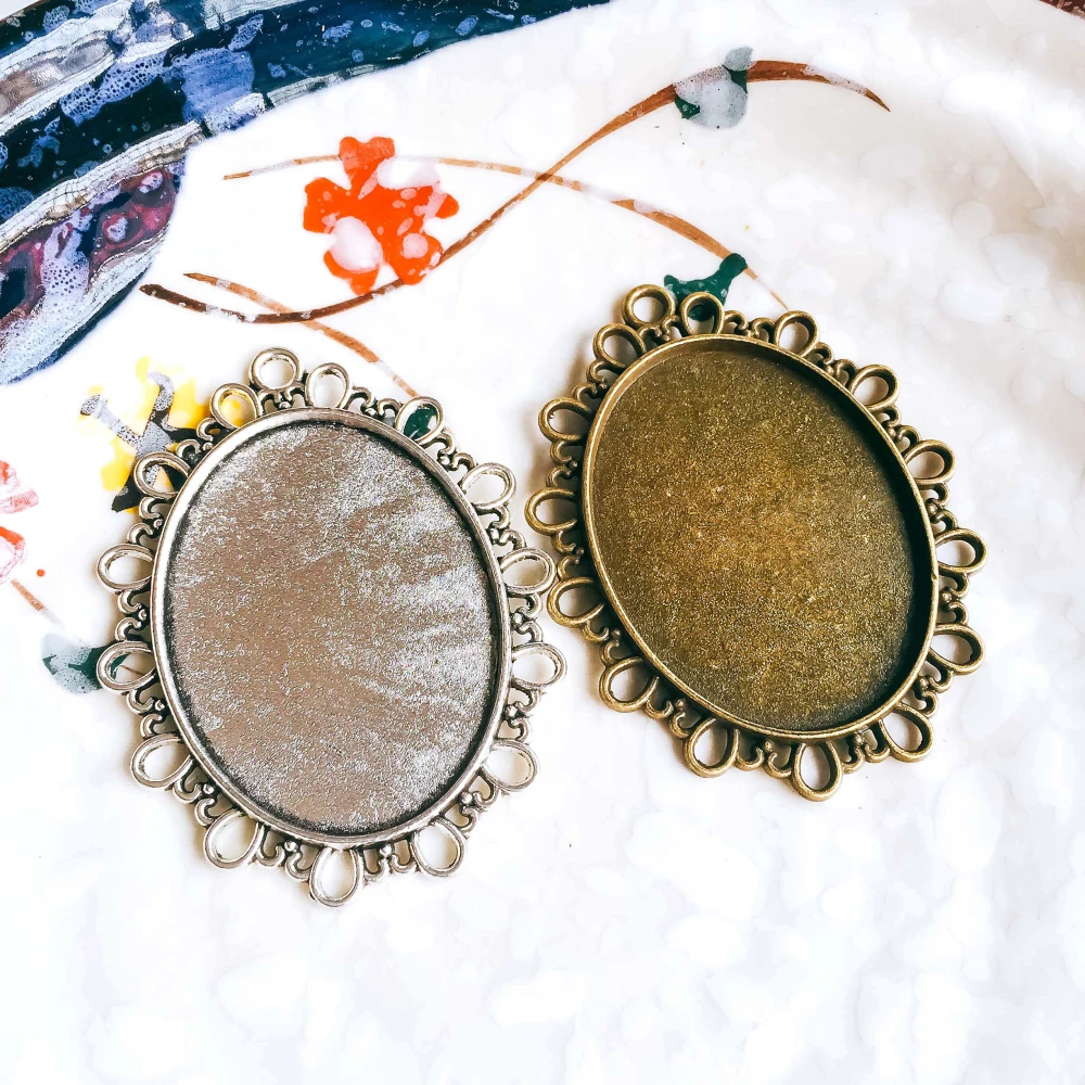 

5pcs/lot 30x40mm Necklace Pendant Setting Antique Bronze Silver Color Glass Cabochon Blank Base Supplies for Jewelry T253