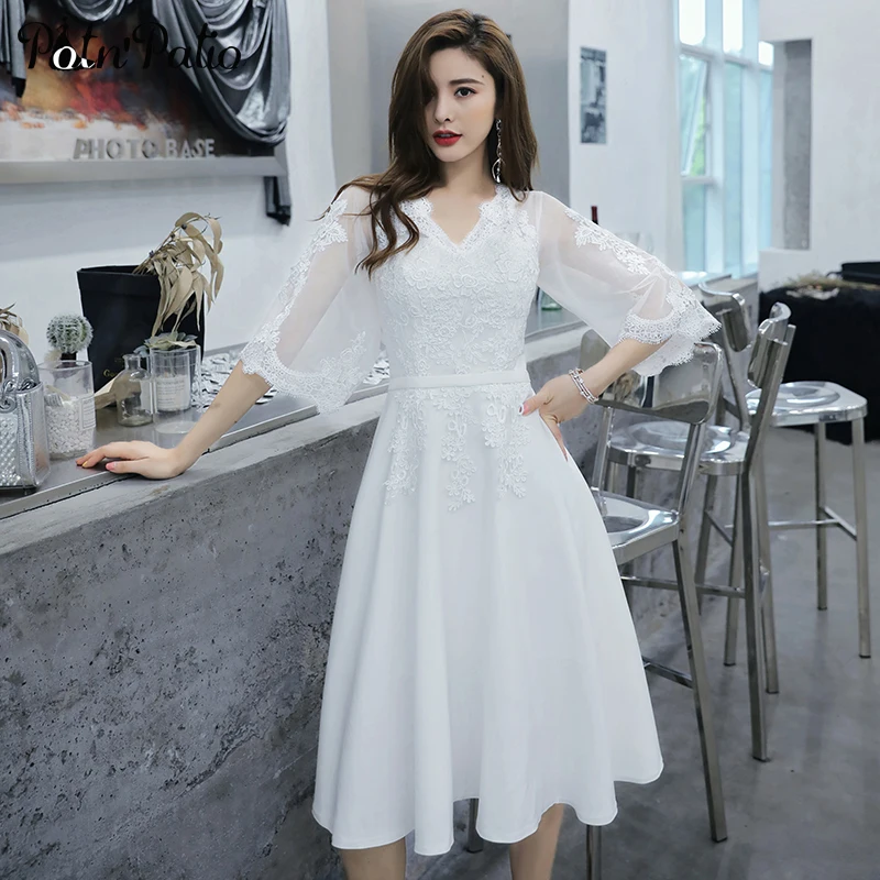 Размера плюс белые платья для выпускного вечера Короткие вечерние а силуэта с V