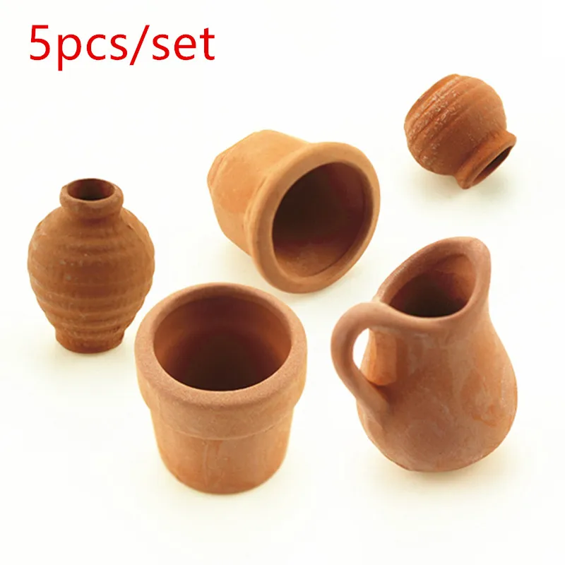 5PCS 2/5 шт Кукольный дом аксессуар для садовой глины глиняный горшок для растений набор для цветов ящик для комнатных растений, горшки декоративные - Цвет: 5PCS