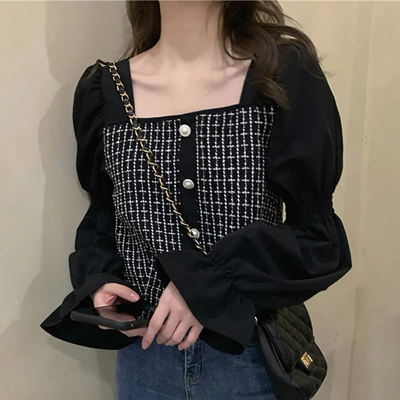 

Blusas Mujer De Mode U Neck Slim Thin Pullover Casual Shirts Women Petal Long Sleeve Button Patchwork Plaid Short Blouses Female