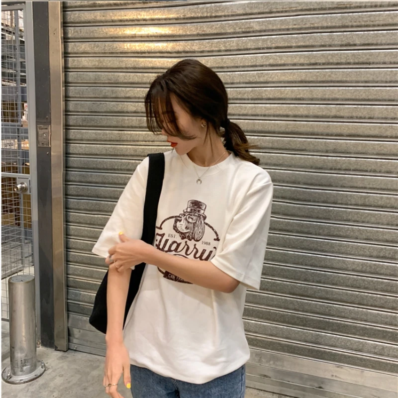 

2021 New Summer Cotton Short Sleeve Women's T-Shirt White Print Letter O-Neck Female Tops Black Fashion Casual Lady Tshirt