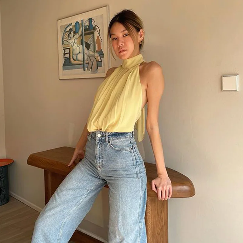 Женская шифоновая блузка с открытыми плечами открытой спиной и лямкой на шее |