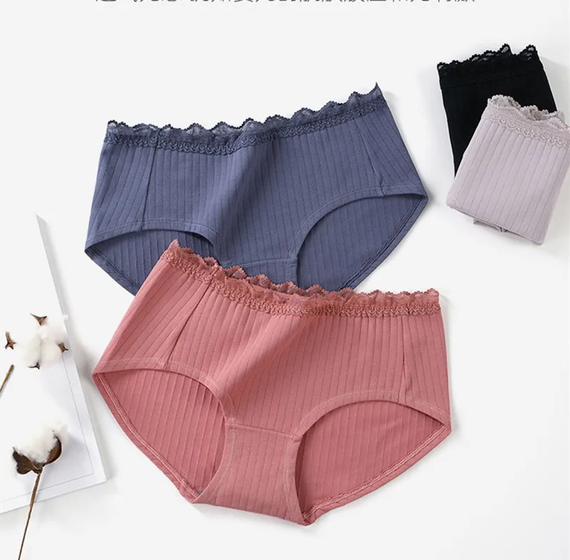 

Sexy Lace Cotton Women Briefs Panties Solid Color Female Stretch Underpants Intimates 3 Sizes Lingerie