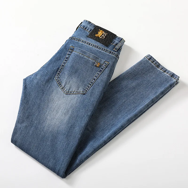 

Luren Big Brand Summer Straight Thin Jeans Men's Stretch Slim Fit Youth Trendy Retro Blue Casual Long Pants