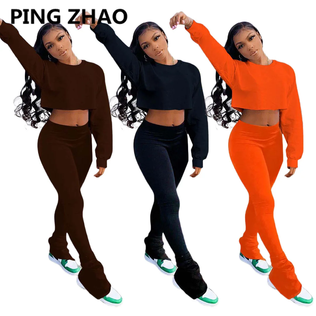 

PING ZHAO Women Two Piece Set Outfits Long Sleeve Crop Tops Slit Flare Ruched Pants Set Autumn Winter Tracksuit