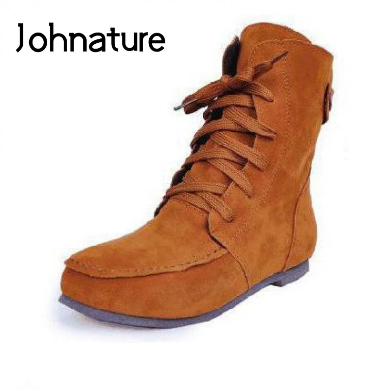 

Женские ботильоны со шнуровкой Johnature, однотонные повседневные ботинки на плоской подошве, с круглым носком, на шнуровке, для зимы, 2021