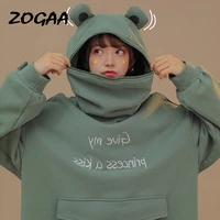 zogaa hoodies women mid length avocado green sweater womens creative stitching cute frog pullover letter printed casual fashion