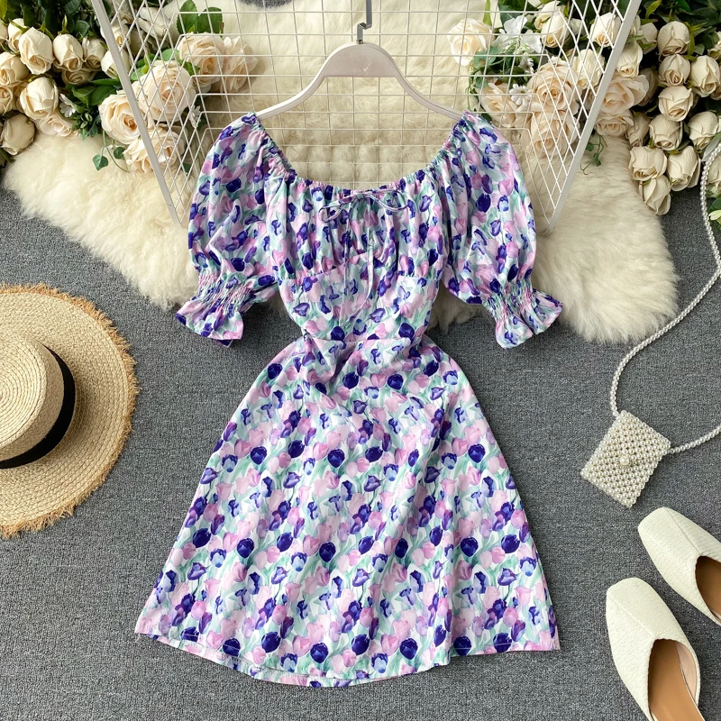 Летнее платье 2020 jurken с цветочным принтом винтажный квадратный воротник короткий