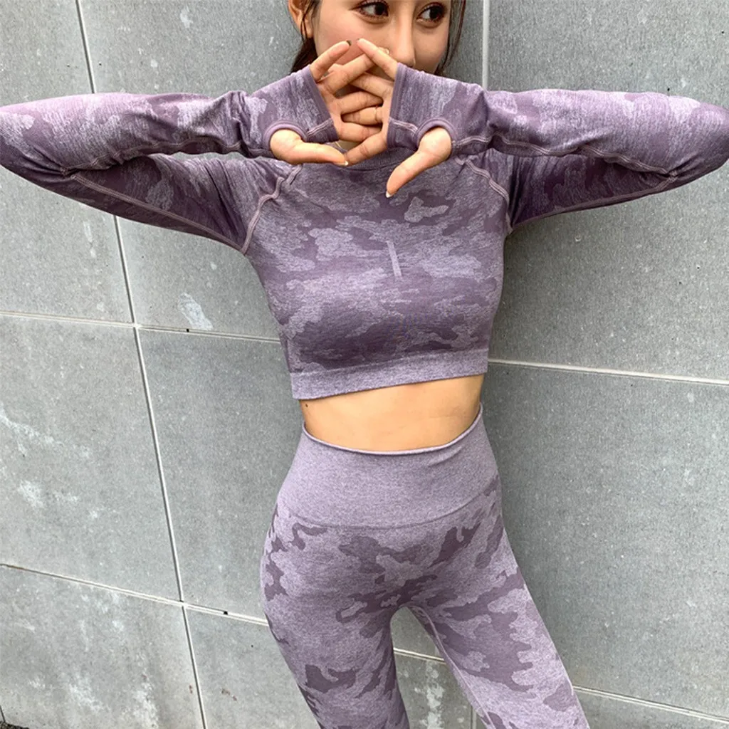1 шт. женские комплекты для йоги бесшовные камуфляжные шорты с длинным рукавом