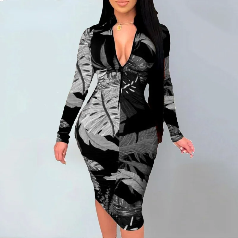 

Autumn Spring Women Slim Sexy Deep V Neck Zipper Vintage Printed Fit Party Dress Long Sleeve Dresses Lady Casual Dresses