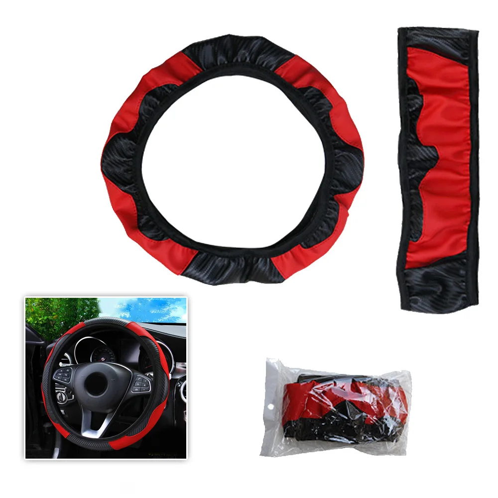 

Car Steering Wheel Cover Carbon Fiber Leather Eco-friendly Elastic Install Interior Protector Replacement Trim 38CM