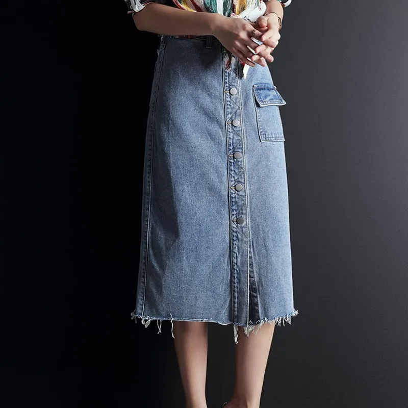 Юбка женская джинсовая с высокой талией однобортная облегающая трапециевидная