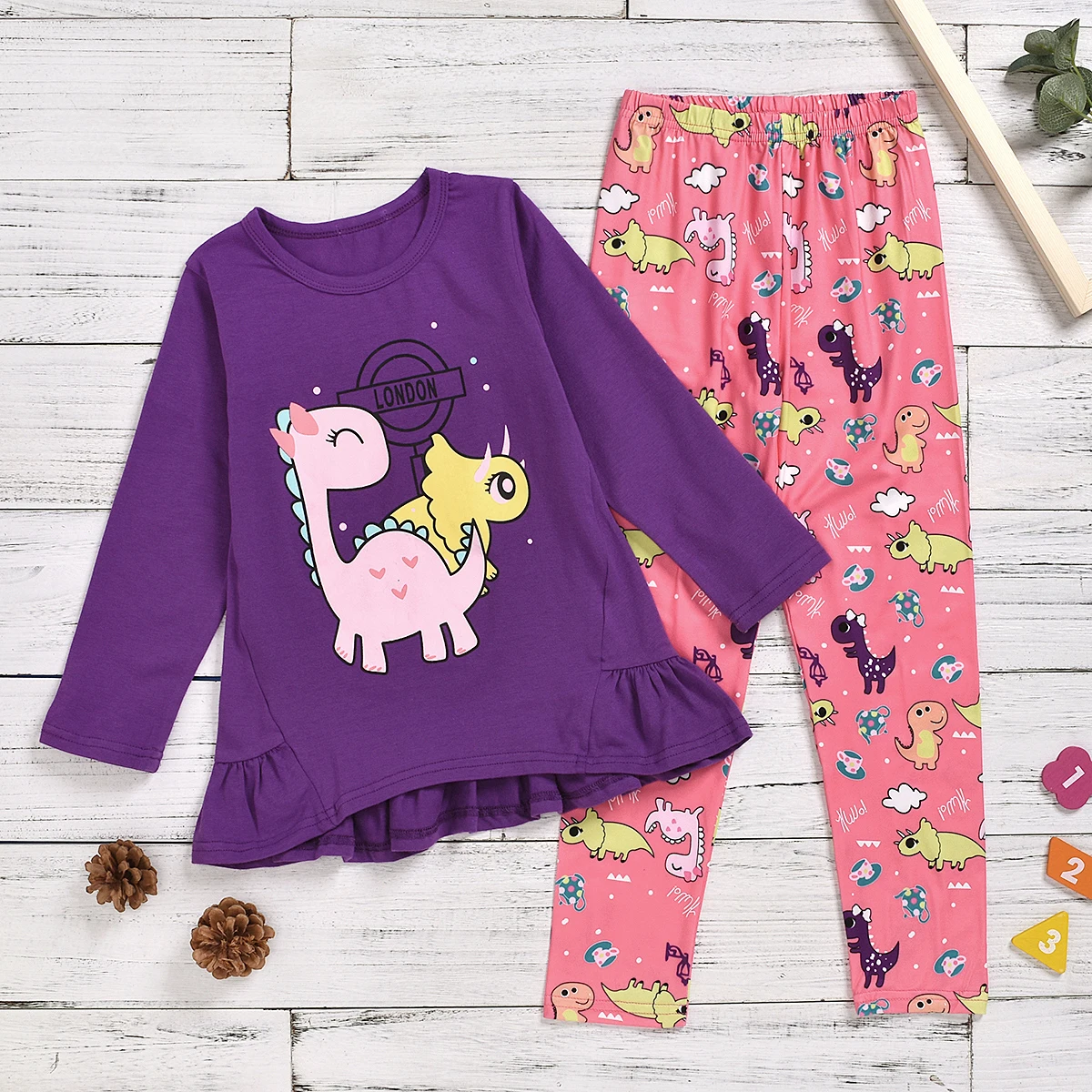 

Girl's Clothing Set, Print Round Neck Long Sleeve Shirt Top and Pants Two-piece Suit for Vacation Party Photography