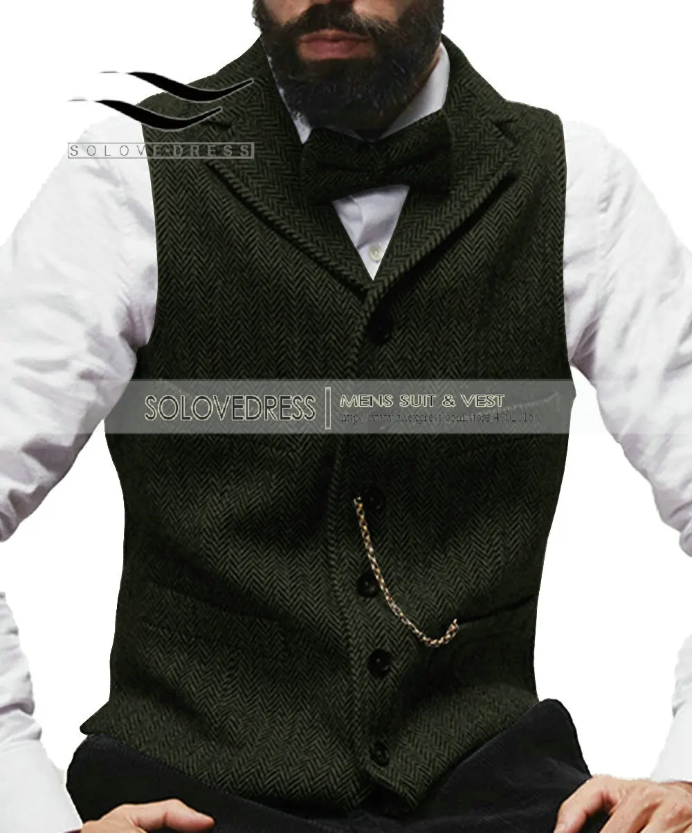 Жилет мужской шерстяной винтажный жилет с лацканами V-образным вырезом в елочку