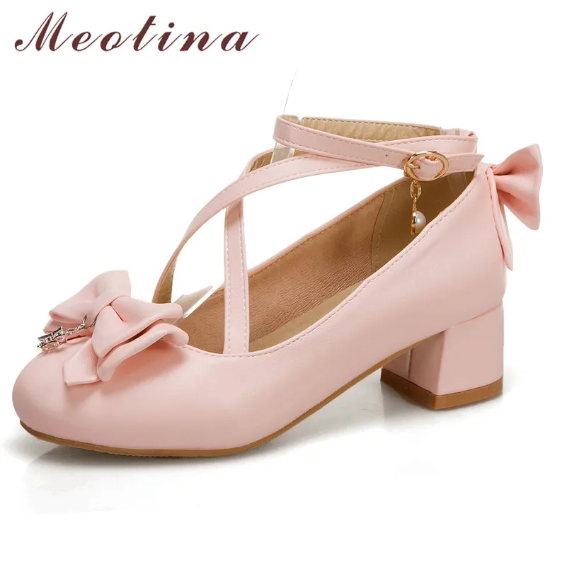 

Meotina Ankle Strap Women Shoes Bow Mid Heel Sweet Pumps Cross Tied Buckle Strap Dress Shoes Lady Thick Heels Footwear Pink 43