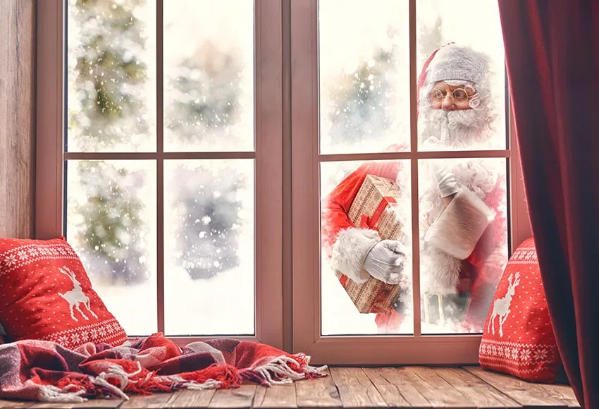 

Christmas Santa Claus Gift Window Pillow Baby Party Christmas Photo Backdrops Photocall Photographic Backgrounds