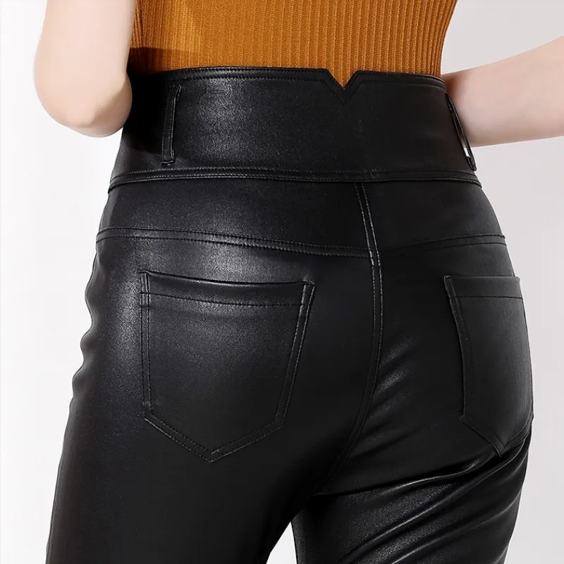 

Waist 2021 High Single Breasted Genuine Leather Pants Women High Street Black Elastic Skinny Push Up Bikers Pencil Pants Female