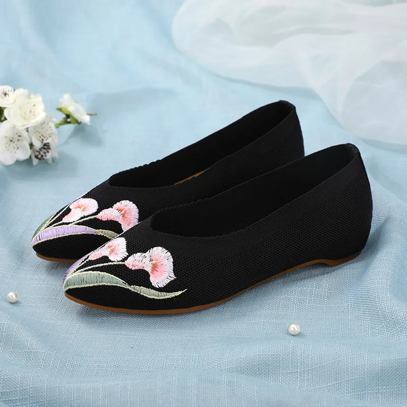 Yuan Handmade Wommen Spring Beautiful Folk Embroidery Ballet Comfort Soft Canvas Shoes For Woman Old Peking | Обувь