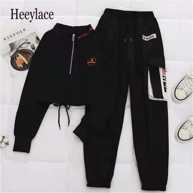 

2021 Spring Autumn Pocket Cargo Pants Women Two Piece Streetwear T Shirt+Pants Harajuku Loose BF Style Women Joggers