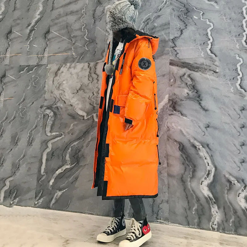 Женский Длинный блестящий пуховик 90% белого утиного пуха верхняя одежда с